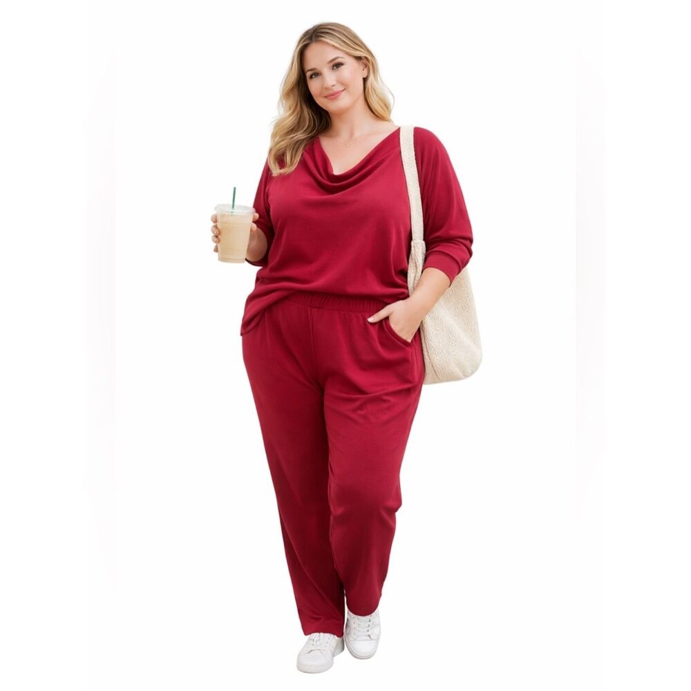 Womens Wine Red Cowl Neck 2 Piece Set 3XL Lounge Jogger Matching Outfit